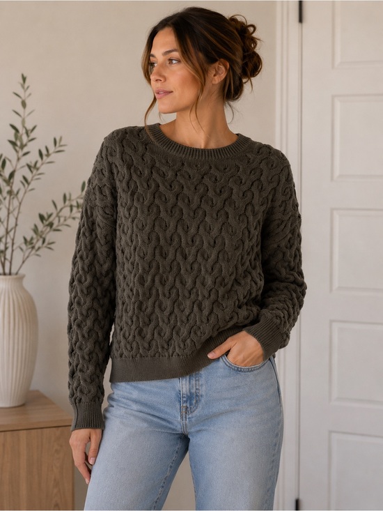 Inwear Sweaters - InWear Moss Green Pointelle Cable Knit Boxy Sweater – Cotton Blend | Size M L
